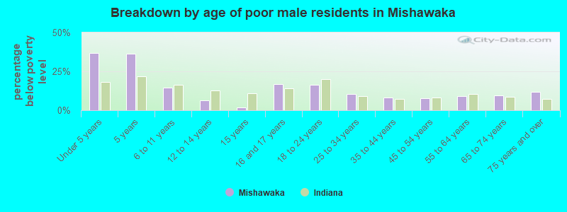 Breakdown by age of poor male residents in Mishawaka