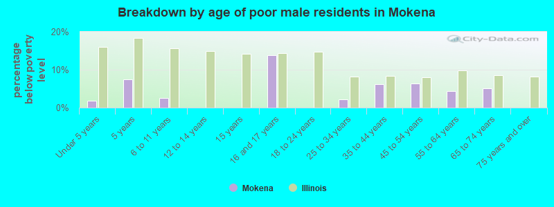 Breakdown by age of poor male residents in Mokena