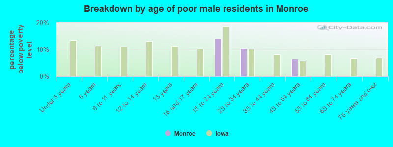 Breakdown by age of poor male residents in Monroe