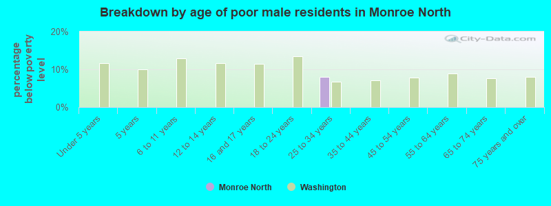 Breakdown by age of poor male residents in Monroe North
