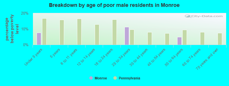 Breakdown by age of poor male residents in Monroe