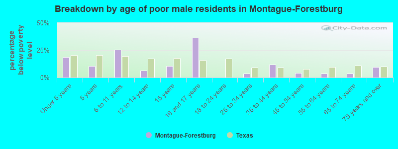 Breakdown by age of poor male residents in Montague-Forestburg