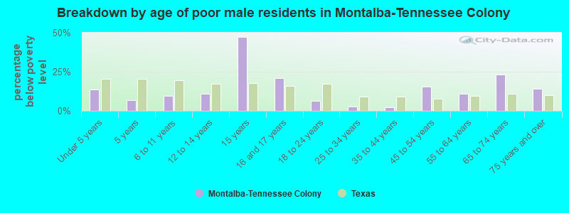Breakdown by age of poor male residents in Montalba-Tennessee Colony