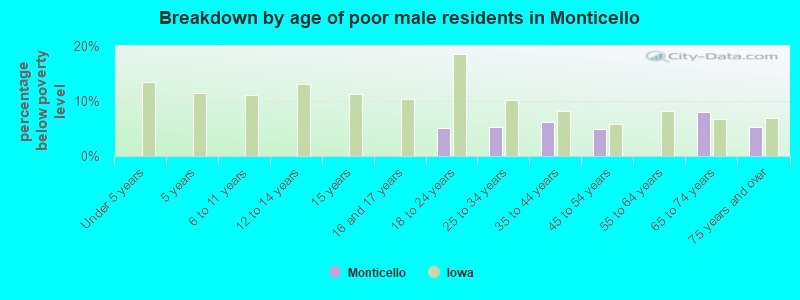 Breakdown by age of poor male residents in Monticello