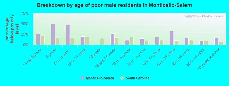 Breakdown by age of poor male residents in Monticello-Salem