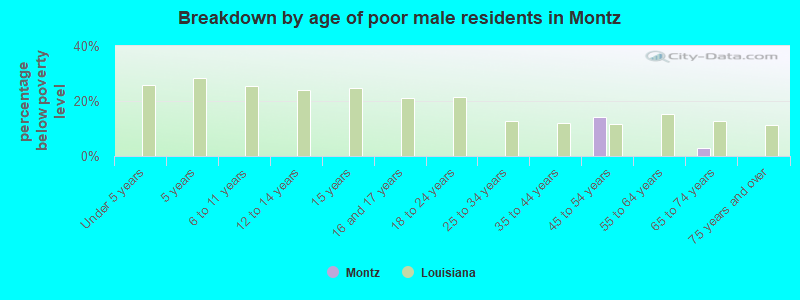 Breakdown by age of poor male residents in Montz