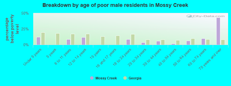 Breakdown by age of poor male residents in Mossy Creek