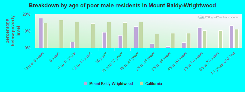 Breakdown by age of poor male residents in Mount Baldy-Wrightwood