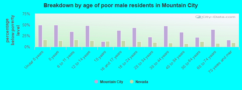 Breakdown by age of poor male residents in Mountain City