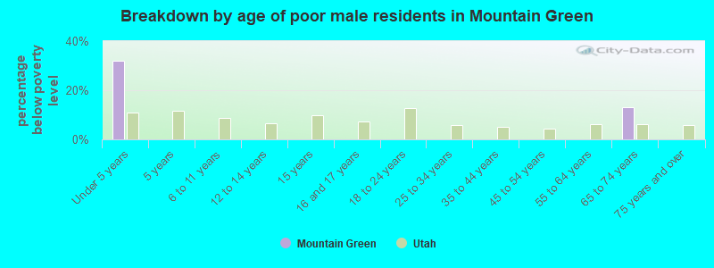 Breakdown by age of poor male residents in Mountain Green