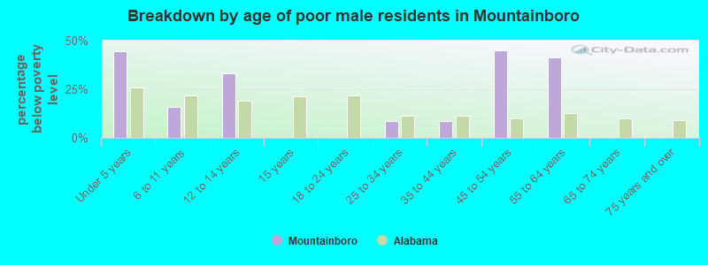 Breakdown by age of poor male residents in Mountainboro