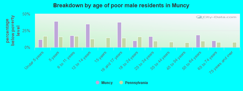 Breakdown by age of poor male residents in Muncy