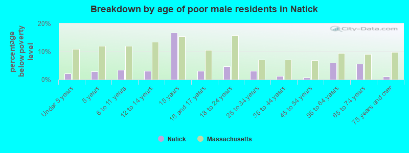 Breakdown by age of poor male residents in Natick