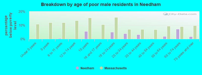 Breakdown by age of poor male residents in Needham