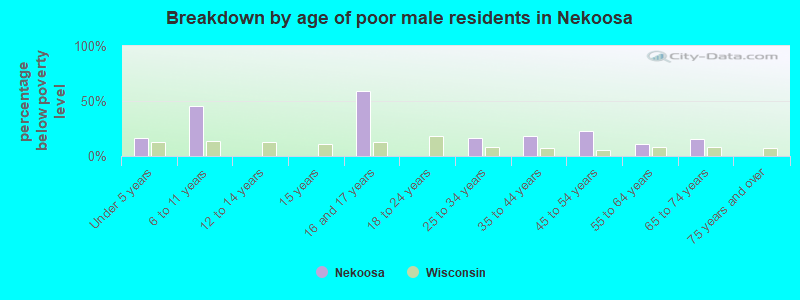 Breakdown by age of poor male residents in Nekoosa