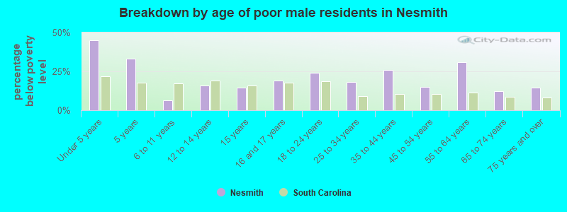 Breakdown by age of poor male residents in Nesmith