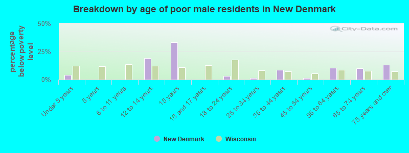 Breakdown by age of poor male residents in New Denmark
