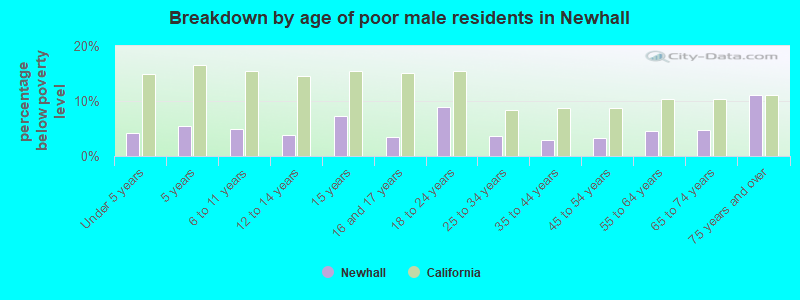 Breakdown by age of poor male residents in Newhall