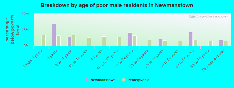 Breakdown by age of poor male residents in Newmanstown