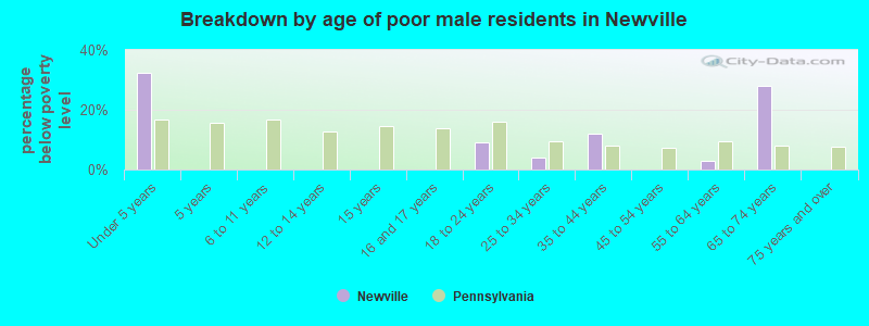 Breakdown by age of poor male residents in Newville