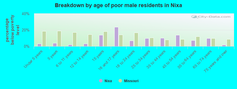 Breakdown by age of poor male residents in Nixa