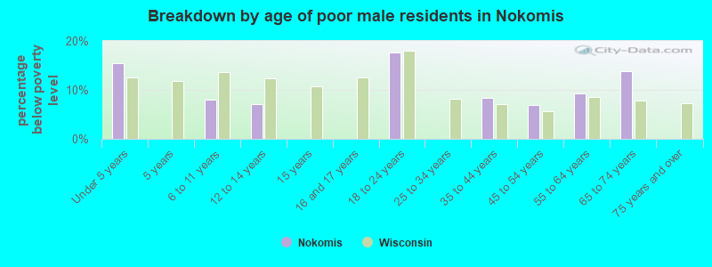 Breakdown by age of poor male residents in Nokomis