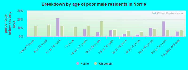 Breakdown by age of poor male residents in Norrie