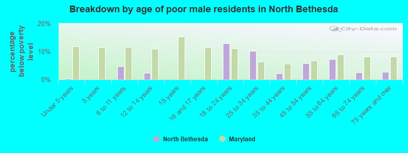 Breakdown by age of poor male residents in North Bethesda