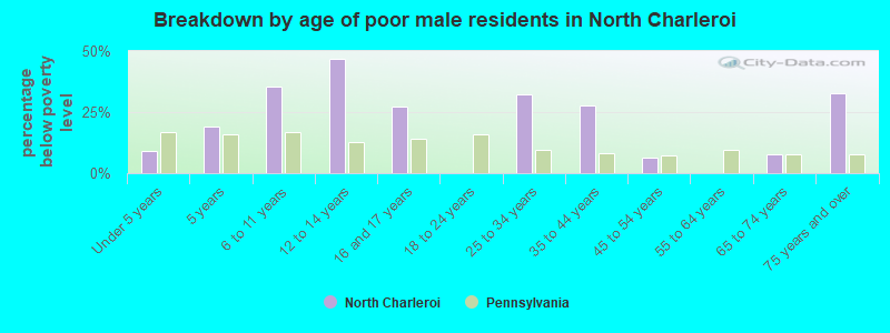 Breakdown by age of poor male residents in North Charleroi