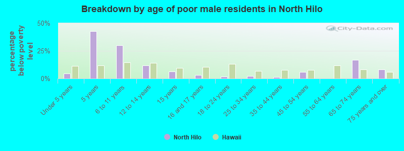 Breakdown by age of poor male residents in North Hilo