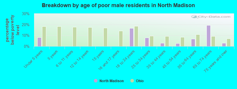 Breakdown by age of poor male residents in North Madison