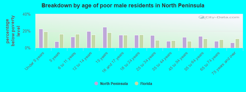 Breakdown by age of poor male residents in North Peninsula