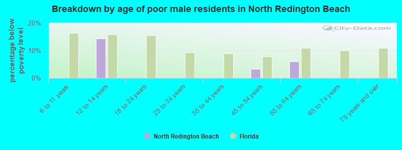 Breakdown by age of poor male residents in North Redington Beach