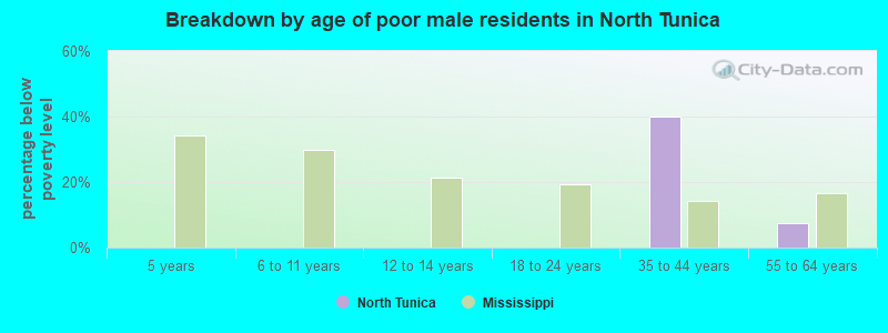 Breakdown by age of poor male residents in North Tunica