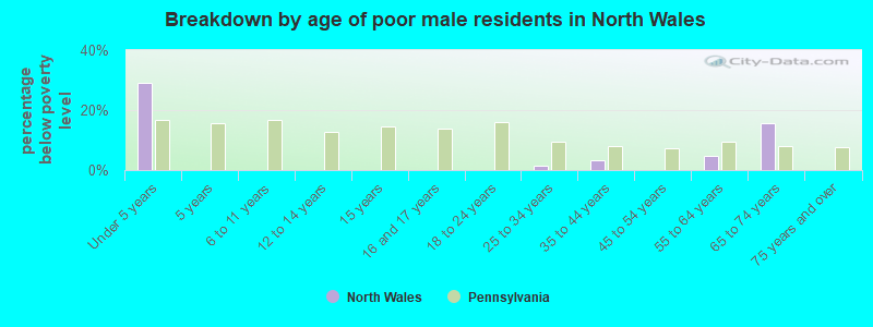 Breakdown by age of poor male residents in North Wales