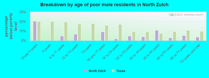 Breakdown by age of poor male residents in North Zulch