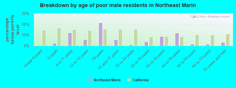 Breakdown by age of poor male residents in Northeast Marin