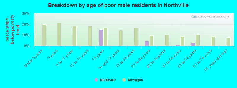 Breakdown by age of poor male residents in Northville