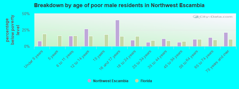 Breakdown by age of poor male residents in Northwest Escambia