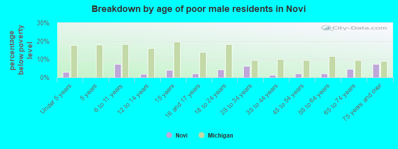 Breakdown by age of poor male residents in Novi