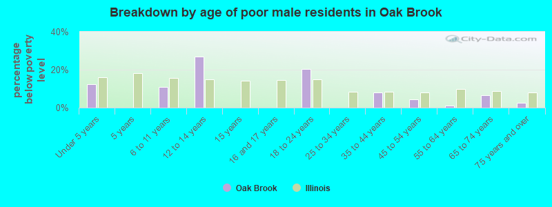 Breakdown by age of poor male residents in Oak Brook