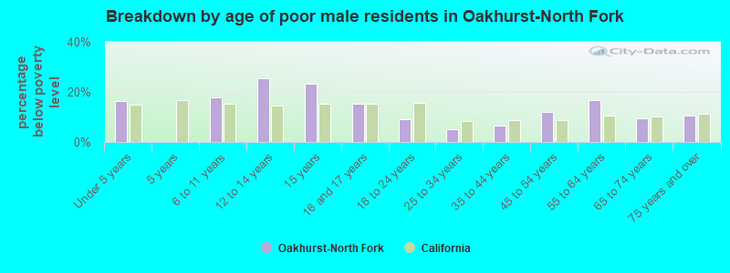 Breakdown by age of poor male residents in Oakhurst-North Fork