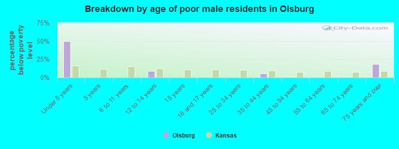 Breakdown by age of poor male residents in Olsburg