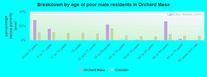Breakdown by age of poor male residents in Orchard Mesa