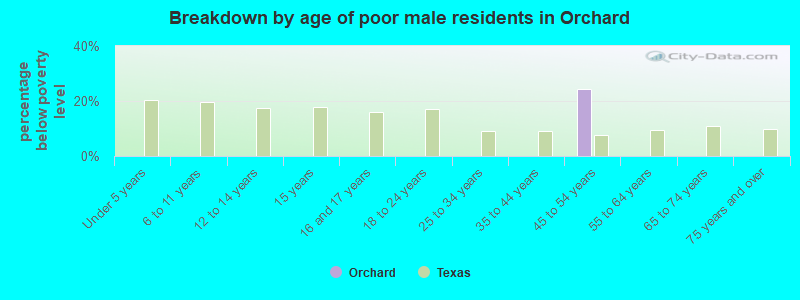 Breakdown by age of poor male residents in Orchard