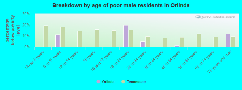 Breakdown by age of poor male residents in Orlinda