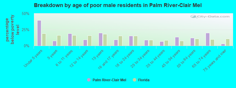Breakdown by age of poor male residents in Palm River-Clair Mel