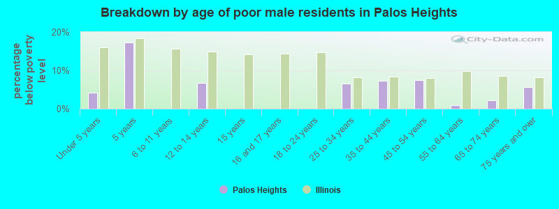 Breakdown by age of poor male residents in Palos Heights