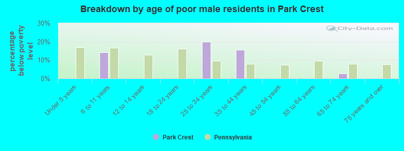 Breakdown by age of poor male residents in Park Crest