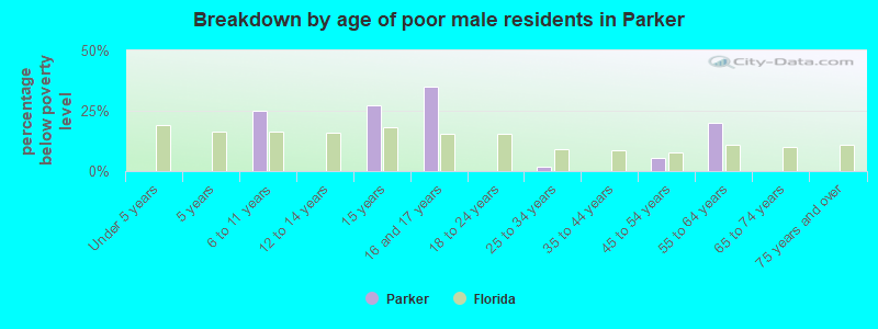 Breakdown by age of poor male residents in Parker